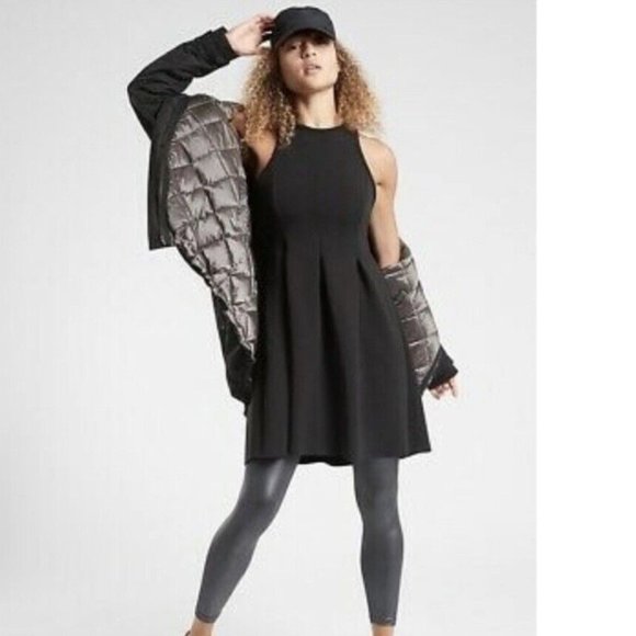 Like new! Athleta black sleeveless dress fit and flare, high neck pleated A line - Picture 1 of 5